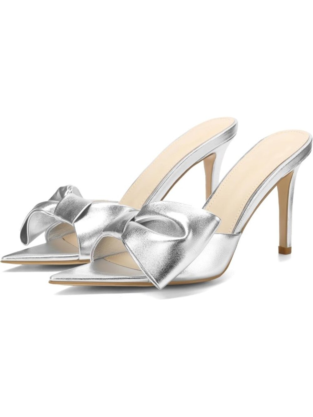 Women's Silver Pointed Open Toe Heels Bow High Kitten Heels Summer Slip On